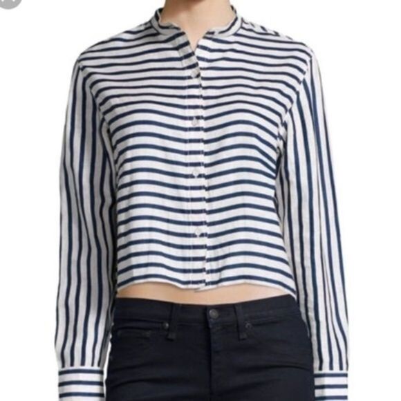 🎀Rag & bone Leeds white and blue striped linen button up blouse small Mandarin - Picture 2 of 11